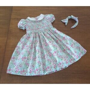 Janie and Jack Girls The Charlotte iced aqua Floral Smocked Dress Size 4 EUC